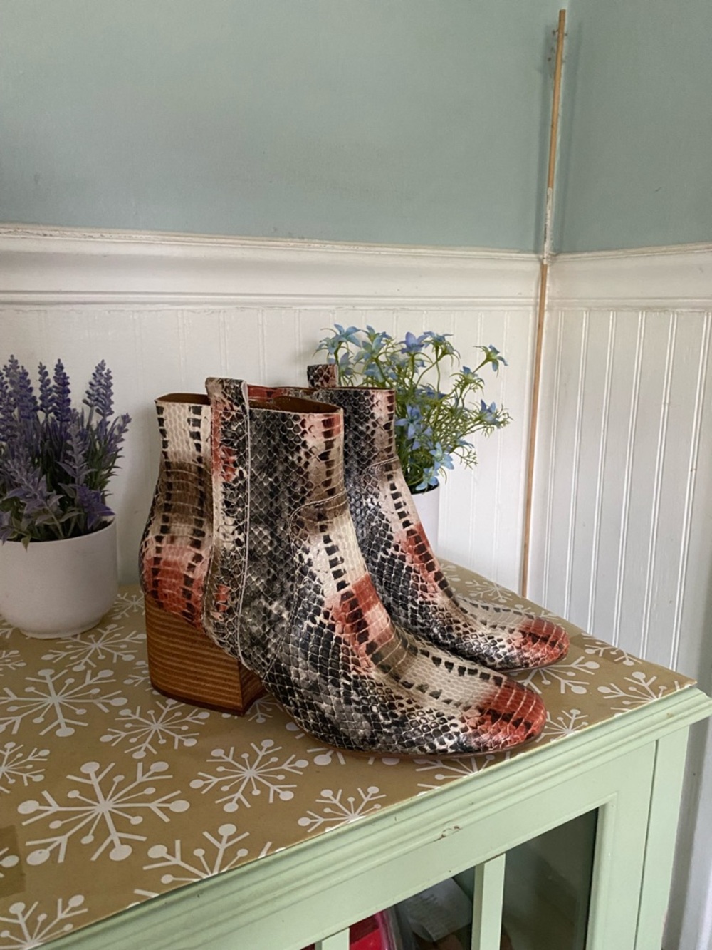 KORKS Women’s Snake-Print Block Heel Ankle Boots in Neutral Multi